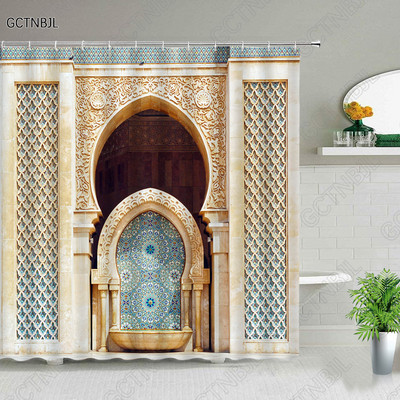 Marokas dzeltenas antīkas arkveida durvis dušas aizkari veci vintage koka durvis vannas istabai ūdensizturīgs audums vannas aizkari ar āķiem