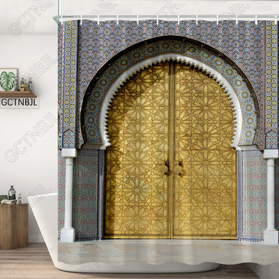 Marokas dzeltenas antīkas arkveida durvis dušas aizkari veci vintage koka durvis vannas istabai ūdensizturīgs audums vannas aizkari ar āķiem