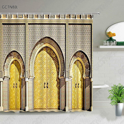 Marokas dzeltenas antīkas arkveida durvis dušas aizkari veci vintage koka durvis vannas istabai ūdensizturīgs audums vannas aizkari ar āķiem
