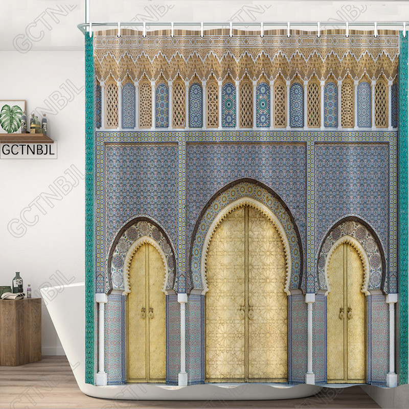 Marokas dzeltenas antīkas arkveida durvis dušas aizkari veci vintage koka durvis vannas istabai ūdensizturīgs audums vannas aizkari ar āķiem
