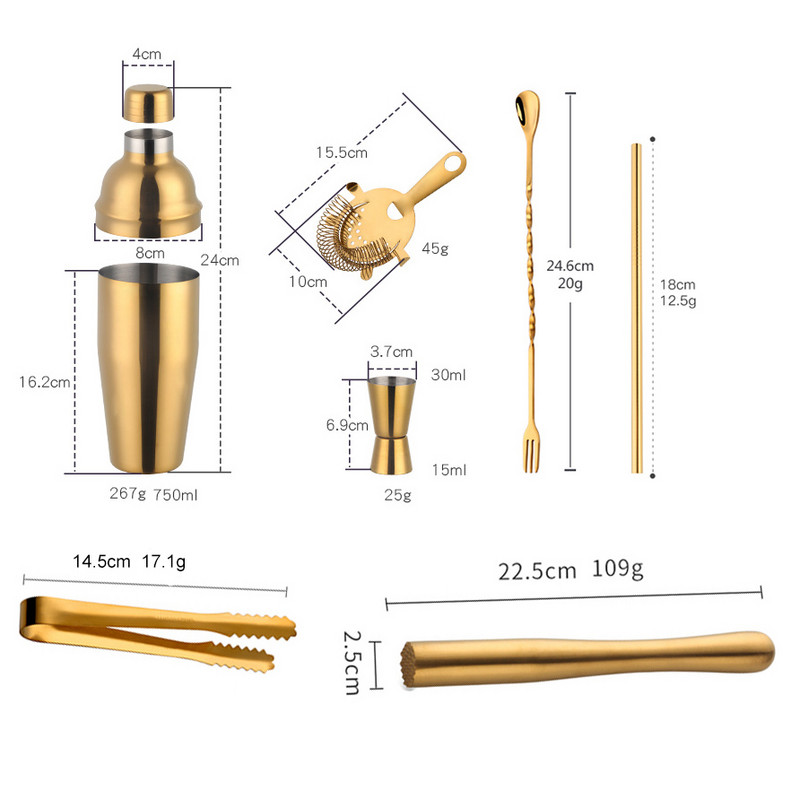 750 ml nerūsējošā tērauda kokteiļu kratītāju komplekts ledus smalcināšanas ledus filtra mērtrauks Martini Boston kratītājs bārmeņa komplekti bāra instrumentu komplekts