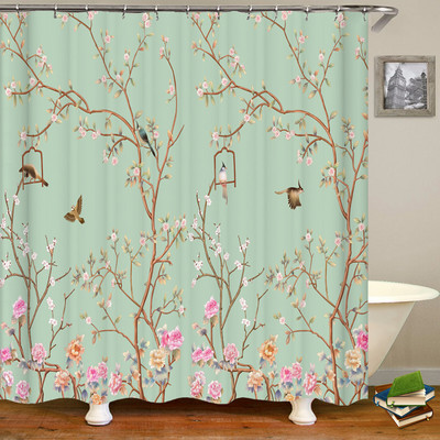 Europsko cvijeće, ptice, biljke Zavjese za kupaonicu Vodootporna zavjesa za tuširanje 3D ispis Dekoracija kupaonice s kukom Zastor za kupaonicu