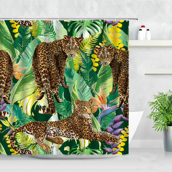 Растение Африка Леопардова завеса за душ Тропически палмови листа Зебра Тукан Фламинго Джунгла Диви животни Декорация на баня Комплект завеси за баня