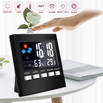 2020 új időjárási asztali óra színes képernyő fekete digitális órák kijelző hőmérő páratartalom óra színes LCD ébresztő naptár
