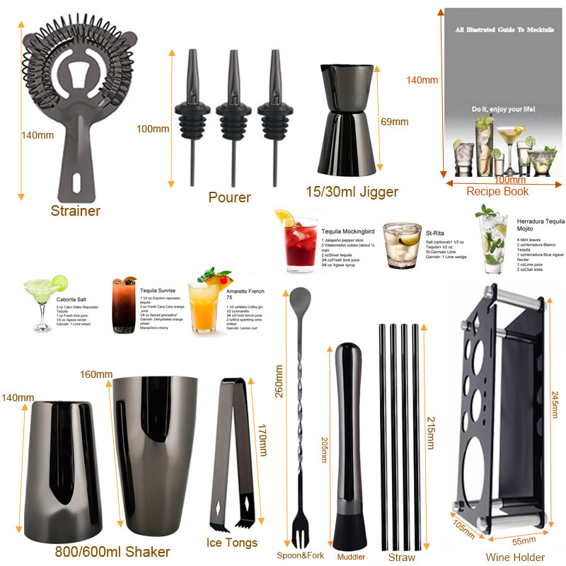 Pourer Jigger Mixer Muddler Barware Bar Tools Nerūsējošais tērauds 800/600ML Black Rose Gold Kokteiļu šeikeri Bostonas kokteiļu šeikeris