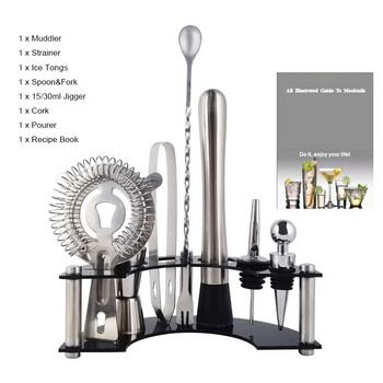 Bartender Kit, Σετ εργαλείων μπαρ Σετ για κοκτέιλ με Stand Spoon Muddler Strainer Ice Tong Jigger, Ideal Drink Mixing Tool Kit