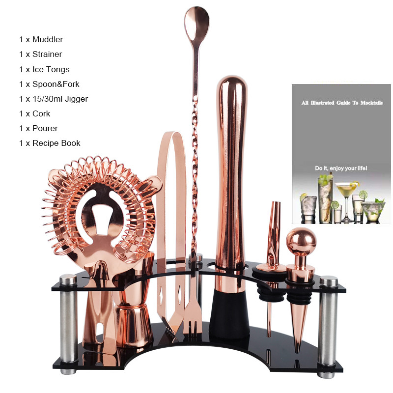 Komplet za barmena, set alata za bar, set za pravljenje koktela sa stalkom, žlica, cjedilo, hvataljka za led, alat za idealno miješanje pića
