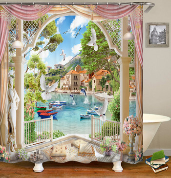 Баня Водоустойчива завеса за душ Полиестер 3D Планинска градина Морски пейзаж Красив цветен пейзаж Печатна завеса за декорация на дома