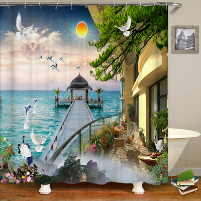 Αδιάβροχη κουρτίνα μπάνιου Πολυεστέρας 3D Mountain Garden Seaside Beautiful Flower Landscape Print Κουρτίνα για διακόσμηση σπιτιού