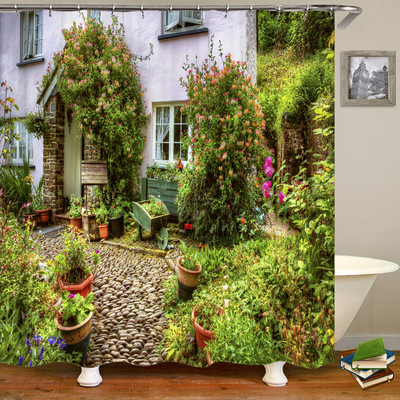 Αδιάβροχη κουρτίνα μπάνιου Πολυεστέρας 3D Mountain Garden Seaside Beautiful Flower Landscape Print Κουρτίνα για διακόσμηση σπιτιού