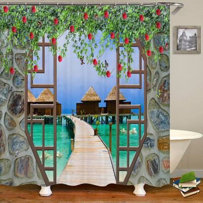 Αδιάβροχη κουρτίνα μπάνιου Πολυεστέρας 3D Mountain Garden Seaside Beautiful Flower Landscape Print Κουρτίνα για διακόσμηση σπιτιού