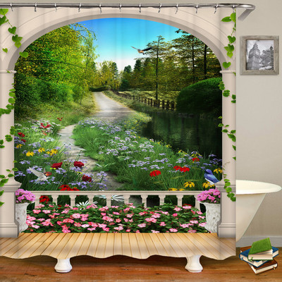 Αδιάβροχη κουρτίνα μπάνιου Πολυεστέρας 3D Mountain Garden Seaside Beautiful Flower Landscape Print Κουρτίνα για διακόσμηση σπιτιού