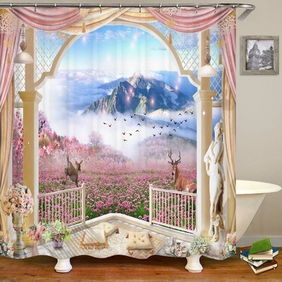 Αδιάβροχη κουρτίνα μπάνιου Πολυεστέρας 3D Mountain Garden Seaside Beautiful Flower Landscape Print Κουρτίνα για διακόσμηση σπιτιού