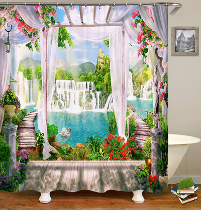 Αδιάβροχη κουρτίνα μπάνιου Πολυεστέρας 3D Mountain Garden Seaside Beautiful Flower Landscape Print Κουρτίνα για διακόσμηση σπιτιού