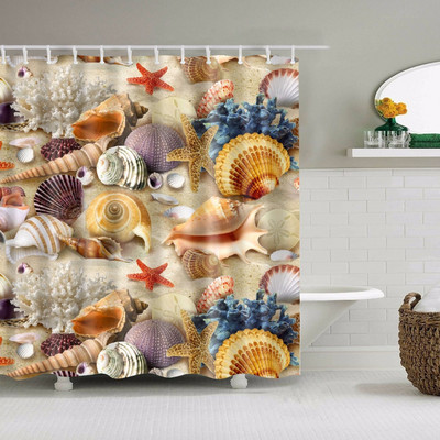 Mereäärsed maalilised rannakarbid dušikardinad meritäht merikarp Sinine laud Palmipuud päikeseloojang loodusmaastik Vannitoa kardinakujundus