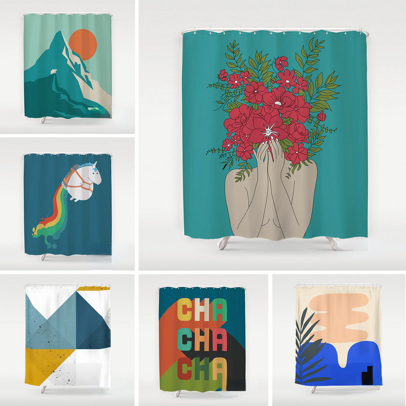 Apstraktna umjetnička zavjesa za tuširanje Crtani zeleni listovi biljaka 3D ispis Smiješni uzorak Zaslon za kadu Vodootporni poliesterski pozadinski dekor