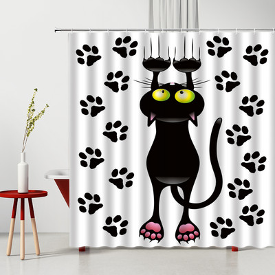 Smiješna crtana životinja Crna mačka Zavjesa za tuširanje Dječja kupaonica Vodootporna zavjesa za tuš Zavjesa Zaslon za kupaonicu