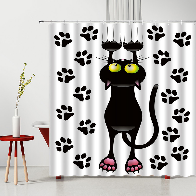 Smiješna crtana životinja Crna mačka Zavjesa za tuširanje Dječja kupaonica Vodootporna zavjesa za tuš Zavjesa Zaslon za kupaonicu