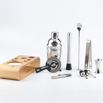 12 τμχ Εργαλεία Bartending Αξεσουάρ Μπαρ Σετ Ανοξείδωτο Σέικερ για κοκτέιλ Εργαλεία Barware με Ξύλινη Σχάρα Ουίσκι Μπάρμαν