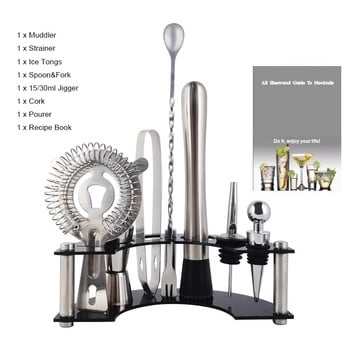 Комплект бар инструменти Комплект за приготвяне на коктейли със стойка Лъжица Muddler Цедка Ice Tong Jigger, Комплект инструменти за идеално смесване на напитки, Комплект барман