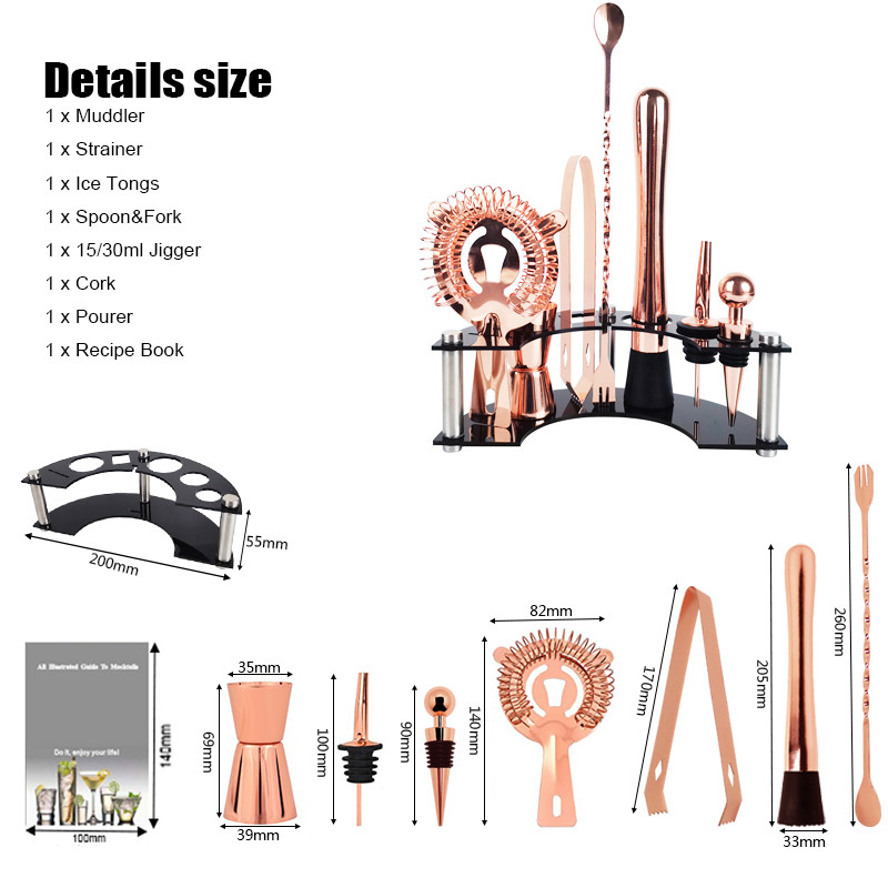 Bāra rīku komplekts kokteiļu gatavošanas komplekts ar statīva karoti muddler sietiņu, ledus knaibles, ideāls dzērienu sajaukšanas rīku komplekts, bārmeņa komplekts
