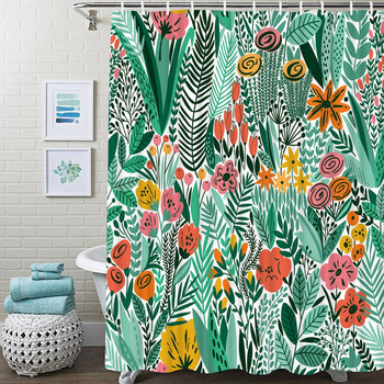 Τροπικά πράσινα φύλλα φυτών Κουρτίνα μπάνιου Ρετρό κινουμένων σχεδίων Λουλούδι Κουρτίνες μπάνιου Αδιάβροχη πολυεστέρα διακόσμηση σπιτιού Οθόνη μπανιέρας
