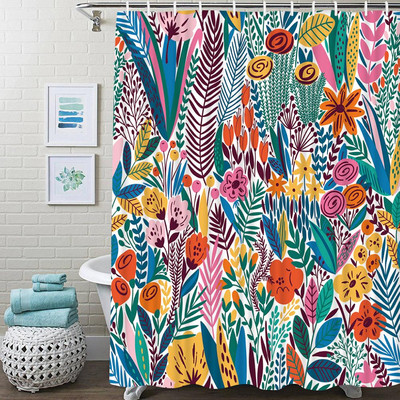 Tropu zaļo augu lapas dušas aizkari Retro multfilma ar ziediem Vannas istabas aizkari Ūdensizturīgs poliestera mājas dekors vannas ekrāns