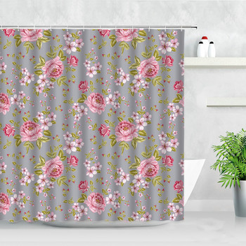 Floral αδιάβροχες κουρτίνες μπάνιου Ροζ λουλούδια φυτό γκρι φόντο εμπριμέ ύφασμα με οθόνη μπάνιου Κουρτίνα μπάνιου Cortina Baño