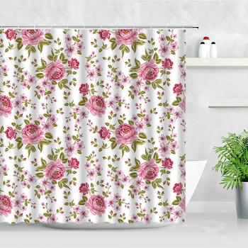 Floral αδιάβροχες κουρτίνες μπάνιου Ροζ λουλούδια φυτό γκρι φόντο εμπριμέ ύφασμα με οθόνη μπάνιου Κουρτίνα μπάνιου Cortina Baño