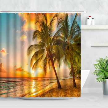 3D печат Морски плаж Залез Пейзаж Завеса за душ Тропическо растение Дърво Естествен пейзаж Полиестерни затъмнени завеси за баня