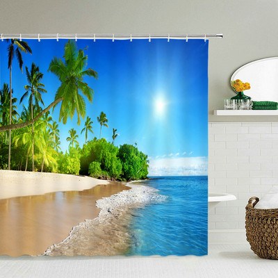 3D druka Piejūras pludmale saulriets ainava dušas aizkari tropu augu koki dabas ainava poliestera aptumšojoši vannas istabas aizkari