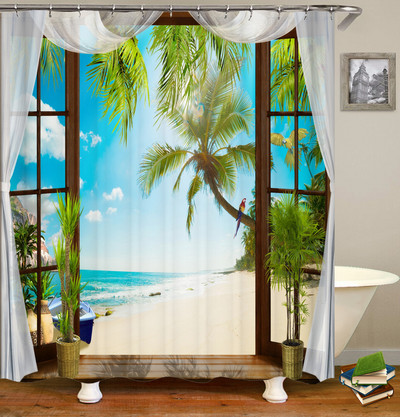 3D druka Piejūras pludmale saulriets ainava dušas aizkari tropu augu koki dabas ainava poliestera aptumšojoši vannas istabas aizkari