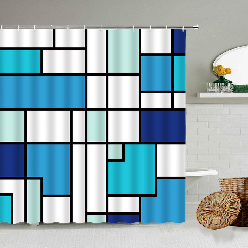 Juodos ir baltos spalvos languotos dušo užuolaidos Kūrybiškos dryžuotos vidurio amžiaus sujungimo geometrinės vonios užuolaidos Modernaus audinio vonios kambario dekoras