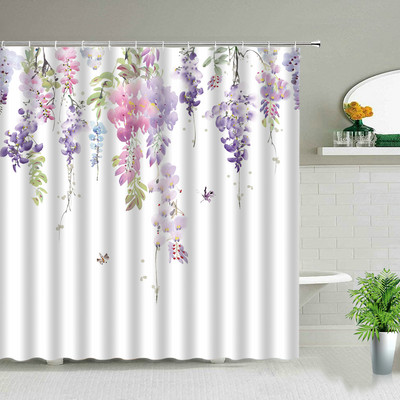 Balto audinio sodyba su gėlėmis dušo užuolaidos žalios atogrąžų lapų paukščių rožės gėlių augalų peizažas Vonios kambario užuolaidų komplektas su kabliukais