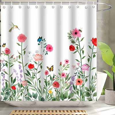 Balto audinio sodyba su gėlėmis dušo užuolaidos žalios atogrąžų lapų paukščių rožės gėlių augalų peizažas Vonios kambario užuolaidų komplektas su kabliukais