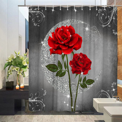 Balto audinio sodyba su gėlėmis dušo užuolaidos žalios atogrąžų lapų paukščių rožės gėlių augalų peizažas Vonios kambario užuolaidų komplektas su kabliukais