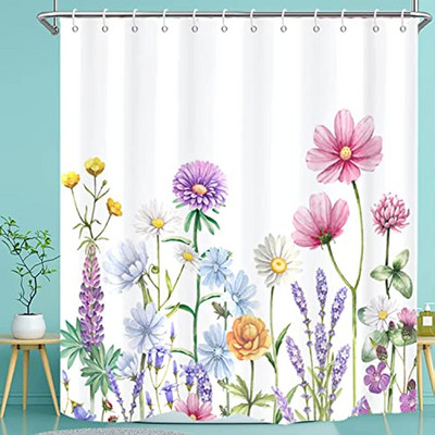 Balto audinio sodyba su gėlėmis dušo užuolaidos žalios atogrąžų lapų paukščių rožės gėlių augalų peizažas Vonios kambario užuolaidų komplektas su kabliukais