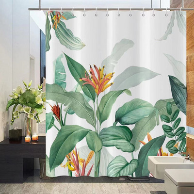 Balto audinio sodyba su gėlėmis dušo užuolaidos žalios atogrąžų lapų paukščių rožės gėlių augalų peizažas Vonios kambario užuolaidų komplektas su kabliukais