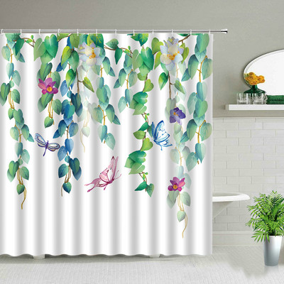 Balto audinio sodyba su gėlėmis dušo užuolaidos žalios atogrąžų lapų paukščių rožės gėlių augalų peizažas Vonios kambario užuolaidų komplektas su kabliukais