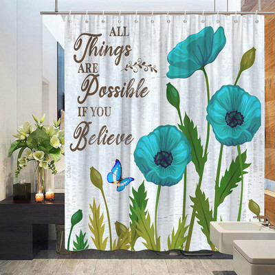 Balto audinio sodyba su gėlėmis dušo užuolaidos žalios atogrąžų lapų paukščių rožės gėlių augalų peizažas Vonios kambario užuolaidų komplektas su kabliukais