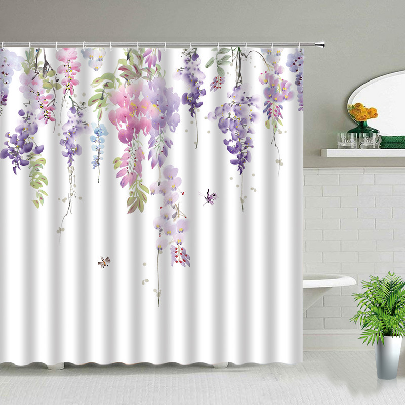 Balto audinio sodyba su gėlėmis dušo užuolaidos žalios atogrąžų lapų paukščių rožės gėlių augalų peizažas Vonios kambario užuolaidų komplektas su kabliukais