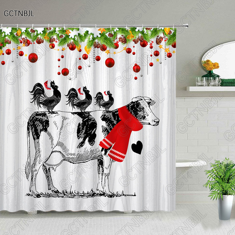Mačka Pas Krava Set zavjesa za tuširanje Slatke životinje Kupaonske zavjese Tkanina Božićni kućni dekor za kupaonicu Set kupaonskih dodataka