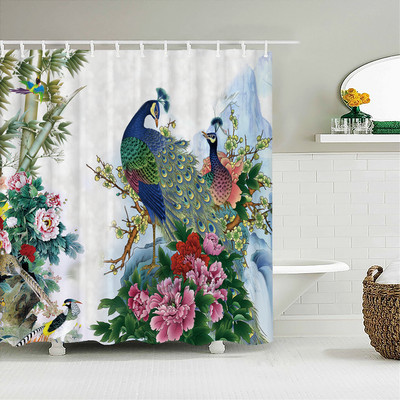 Paunove zavjese za tuširanje Ptičje perje Kupaonske zavjese 3d Retro cvijet Vodootporni poliester Paravan za kupaonicu Kućni zidni dekor Baño