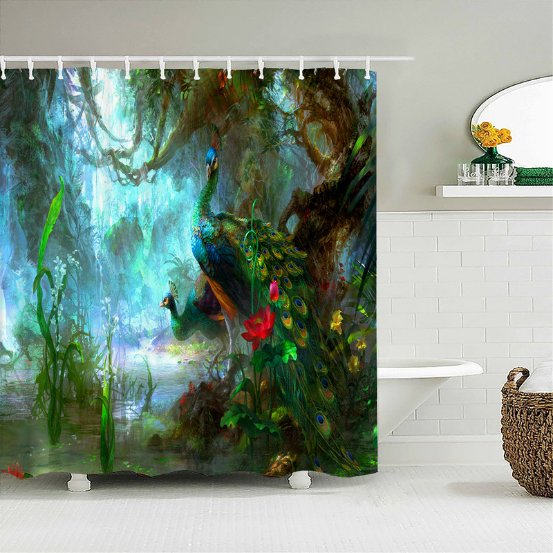 Paunove zavjese za tuširanje Ptičje perje Kupaonske zavjese 3d Retro cvijet Vodootporni poliester Paravan za kupaonicu Kućni zidni dekor Baño