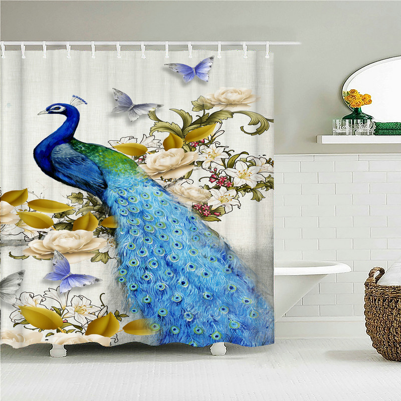 Paunove zavjese za tuširanje Ptičje perje Kupaonske zavjese 3d Retro cvijet Vodootporni poliester Paravan za kupaonicu Kućni zidni dekor Baño