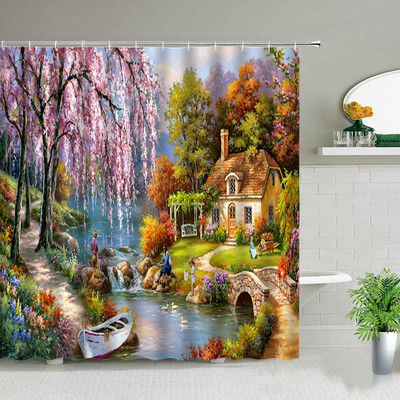 Ελαιογραφία Σκηνικό Κουρτίνες μπάνιου Λουλούδια Φυτό Κύκνος Άνοιξη Τοπίο Κουρτίνα μπάνιου Αδιάβροχη διακόσμηση μπάνιου Πολυεστερικό πανί
