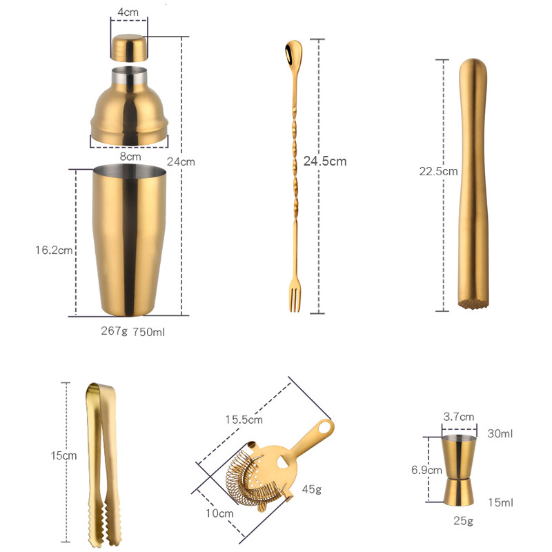 Set shakera od nehrđajućeg čelika od nehrđajućeg čelika od 750 ML Set za barmena Wine Martini Boston Mikser s cjedilom Mjerna šalica Alat za dodatke za bar