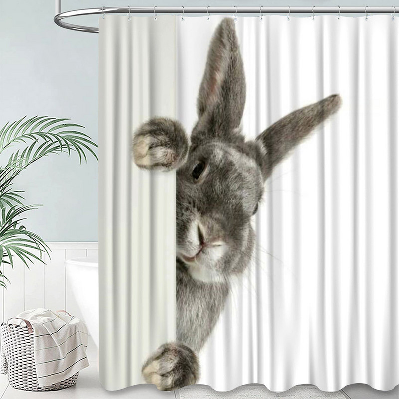 Sivi, slatki zec, zavjese za tuširanje za tuš zavjese za kupaonicu, 3D ispis, vodootporne presvučene poliesterske tkanine Kukice za kupaonicu