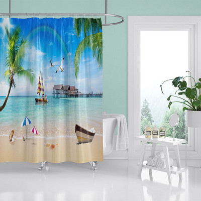 HIHOQR Vodootporne kupaonske zavjese za tuširanje na plaži s morskim valovima 3D ispis Pejzaž na plaži Zavjese za tuš s kukama koje se mogu prati