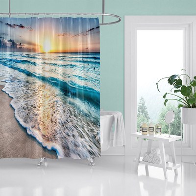 HIHOQR Vodootporne kupaonske zavjese za tuširanje na plaži s morskim valovima 3D ispis Pejzaž na plaži Zavjese za tuš s kukama koje se mogu prati